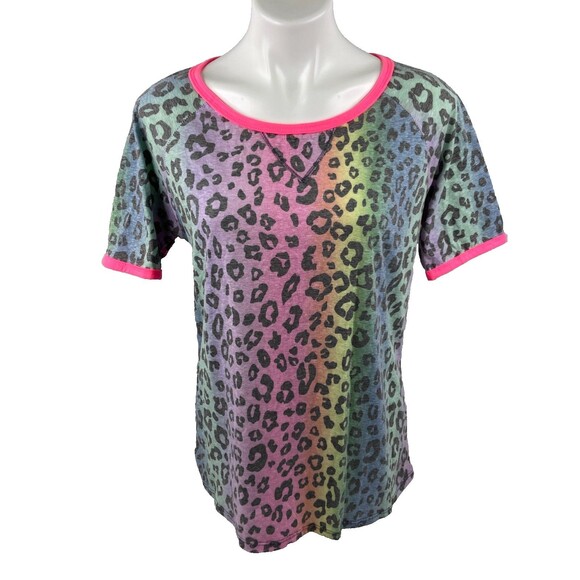 Bibi Women Small Rainbow Leopard Print Top T Shirt Multi Color Casual NWT - Picture 1 of 8